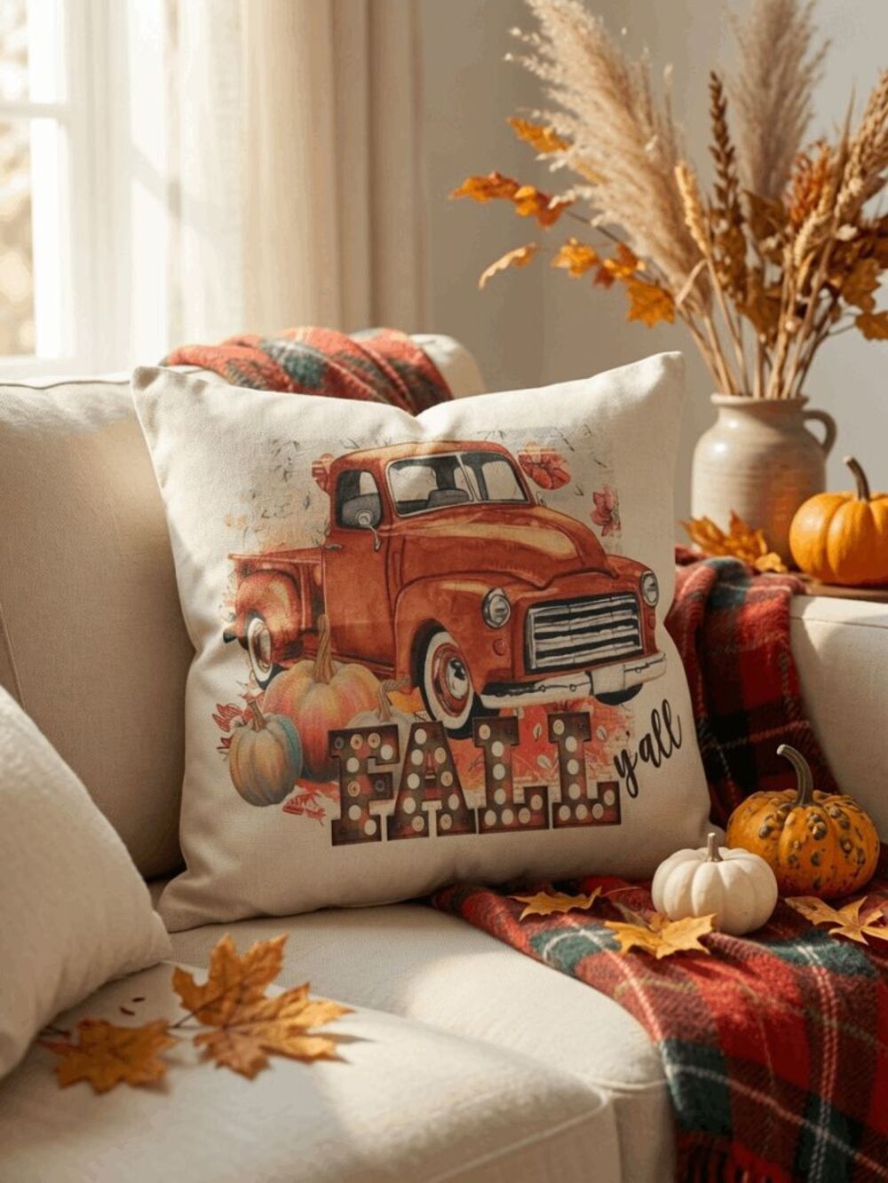 Fall Y'all Pillow Cover 22x22 Vintage Orange Truck Pumpkins Autumn Throw Case